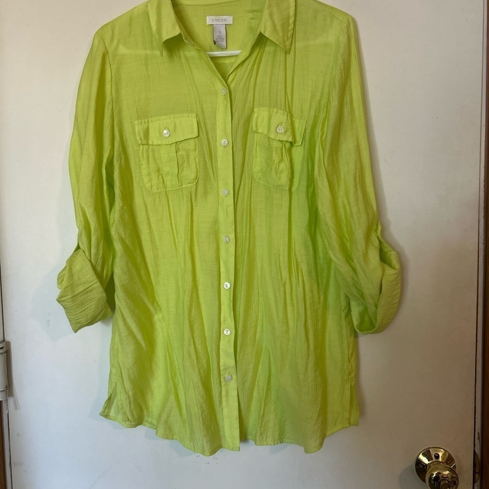 Chico's Lime Green Button-Up Roll Tab Sleeve Top Size 1 Chico's US Medium